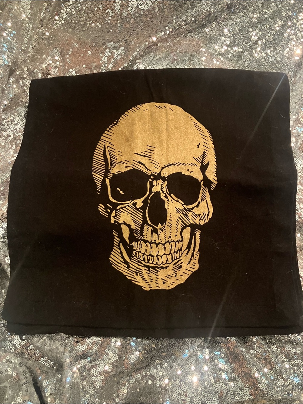 108” Table Runner - Gold Skull Graphic on Black Cotton Fabric